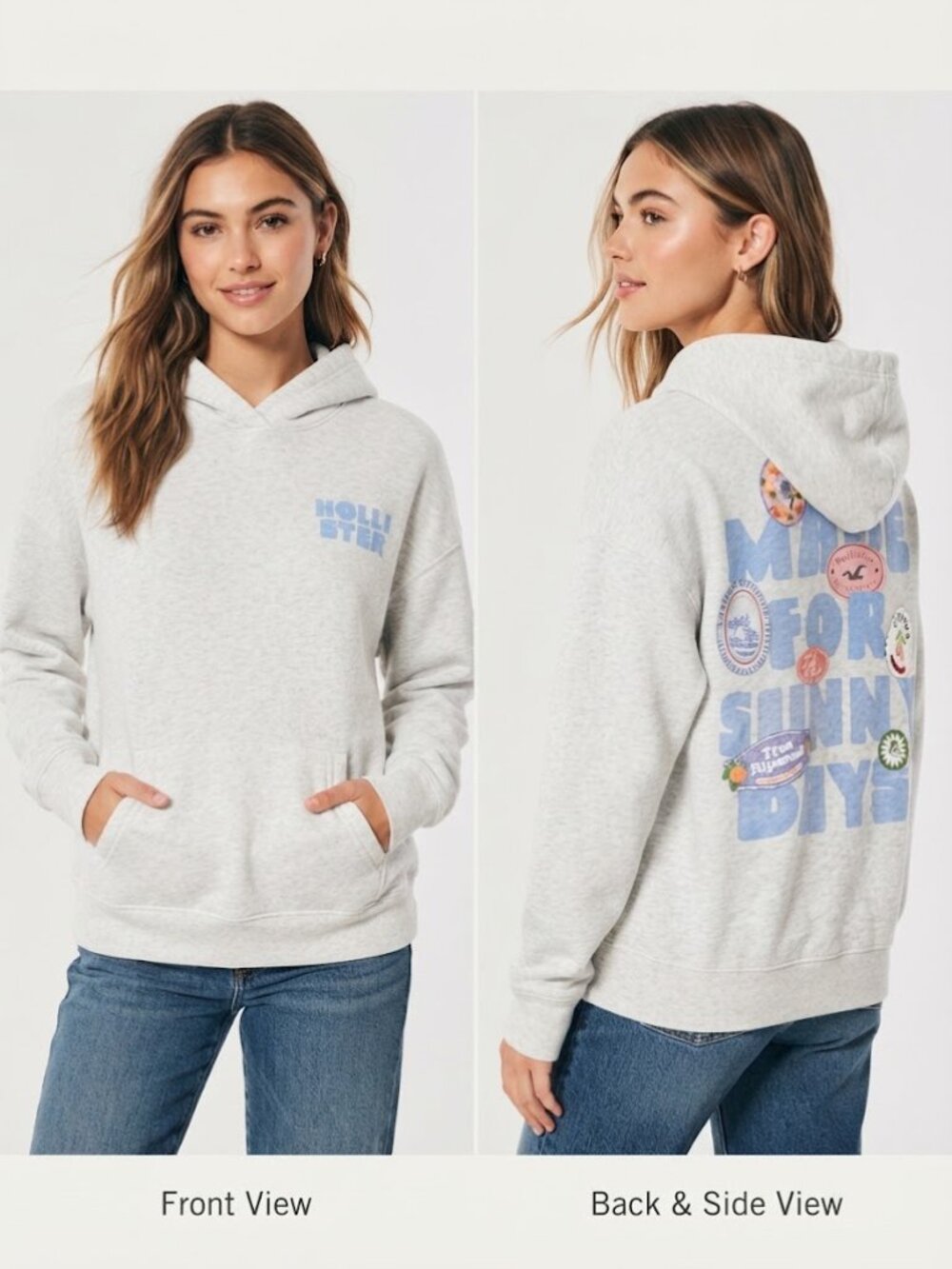 Hollister Light Grey w/ Back Print Hooded Front Pocket Women's Sweatshirt Sz XS